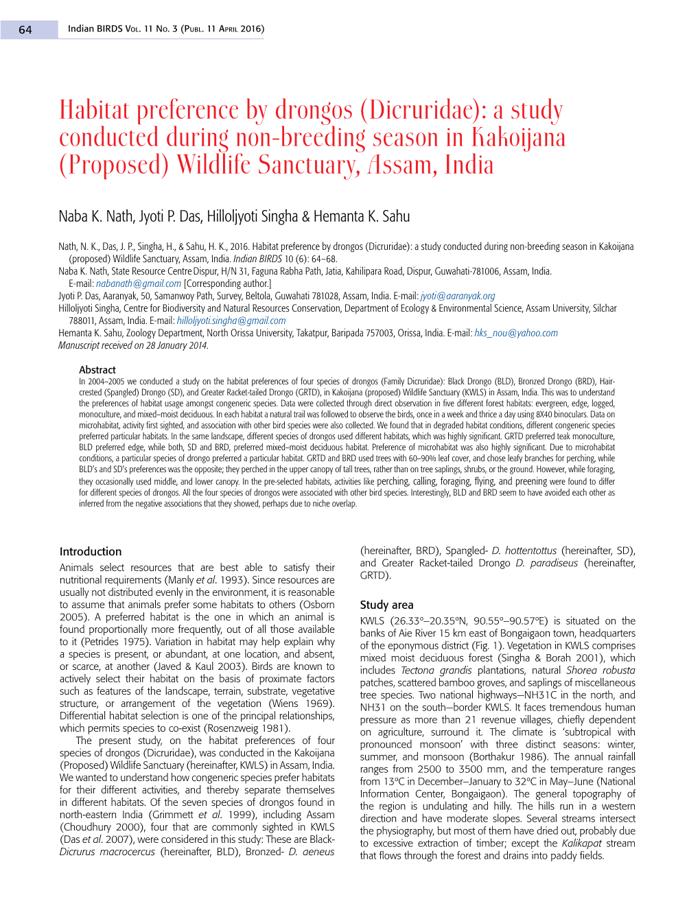 Habitat Preference by Drongos (Dicruridae): a Study Conducted During Non-Breeding Season in Kakoijana (Proposed) Wildlife Sanctuary, Assam, India