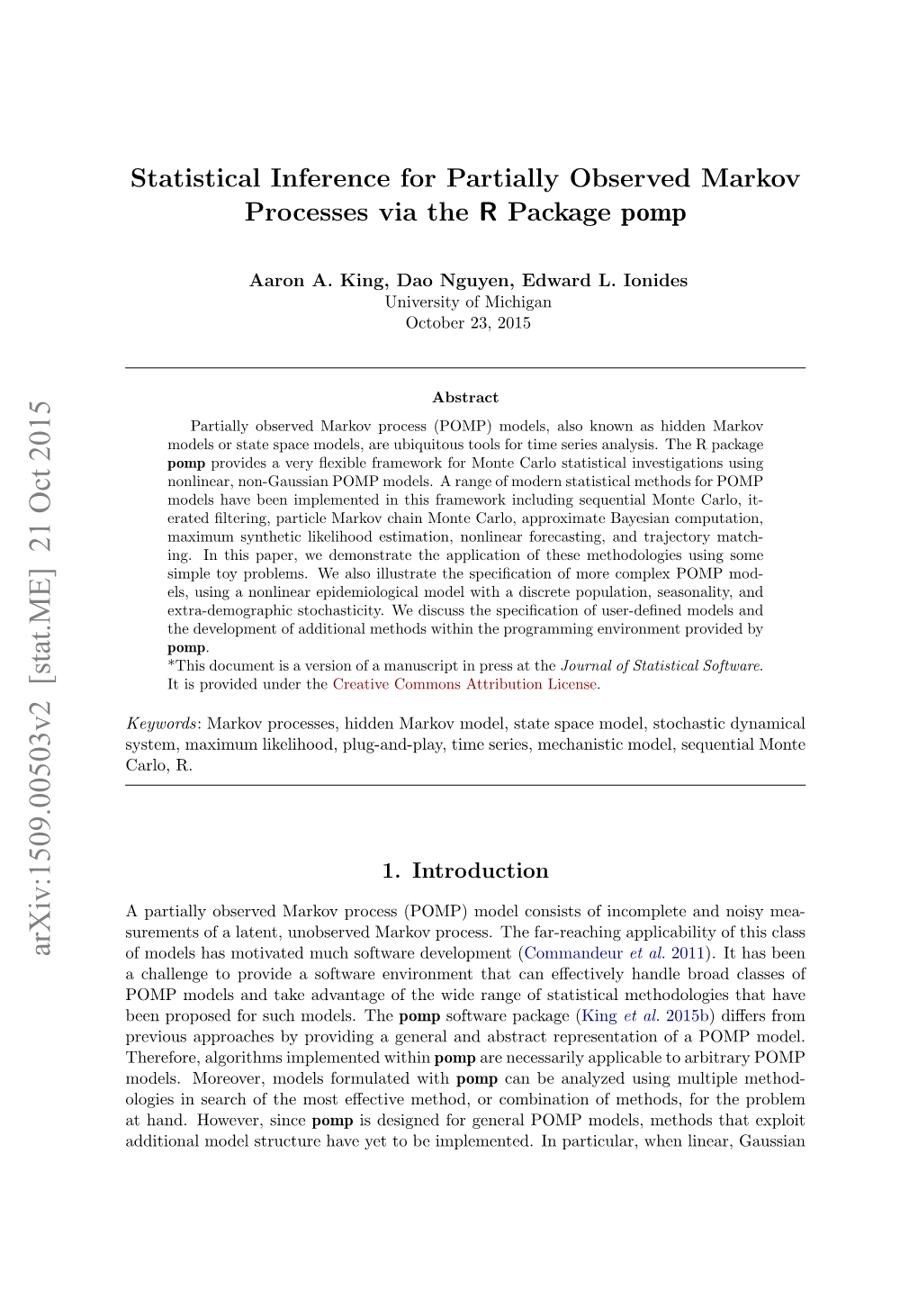 Statistical Inference for Partially Observed Markov Processes Via the R Package Pomp