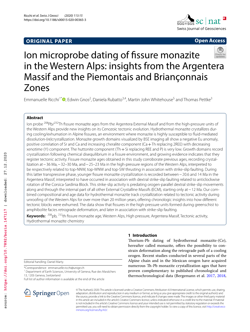 Ion Microprobe Dating of Fissure Monazite in the Western Alps: Insights from the Argentera Massif and the Piemontais