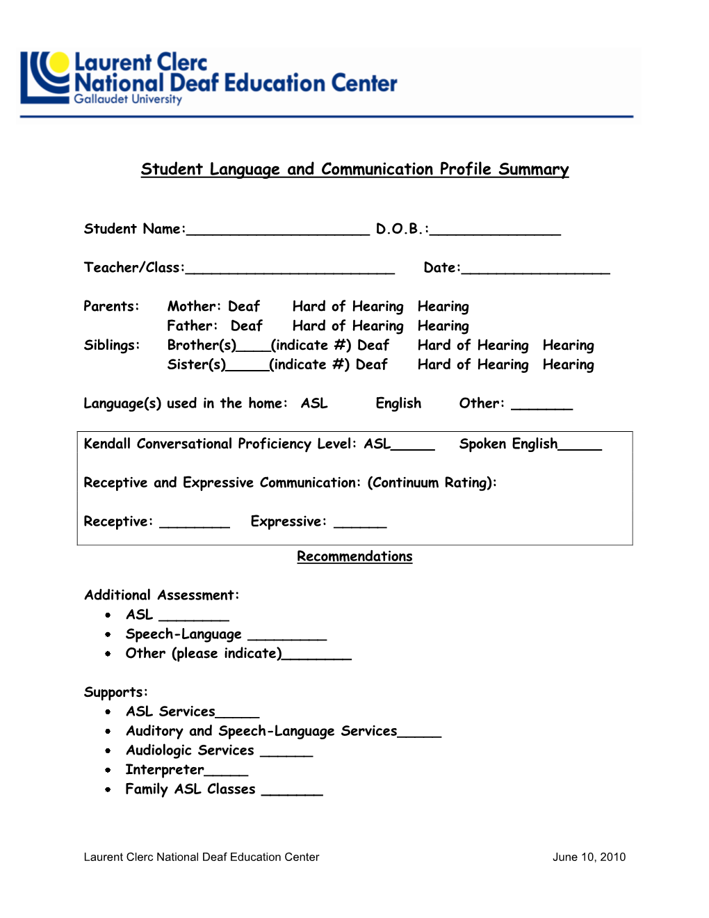 Student Language and Communication Profile Summary
