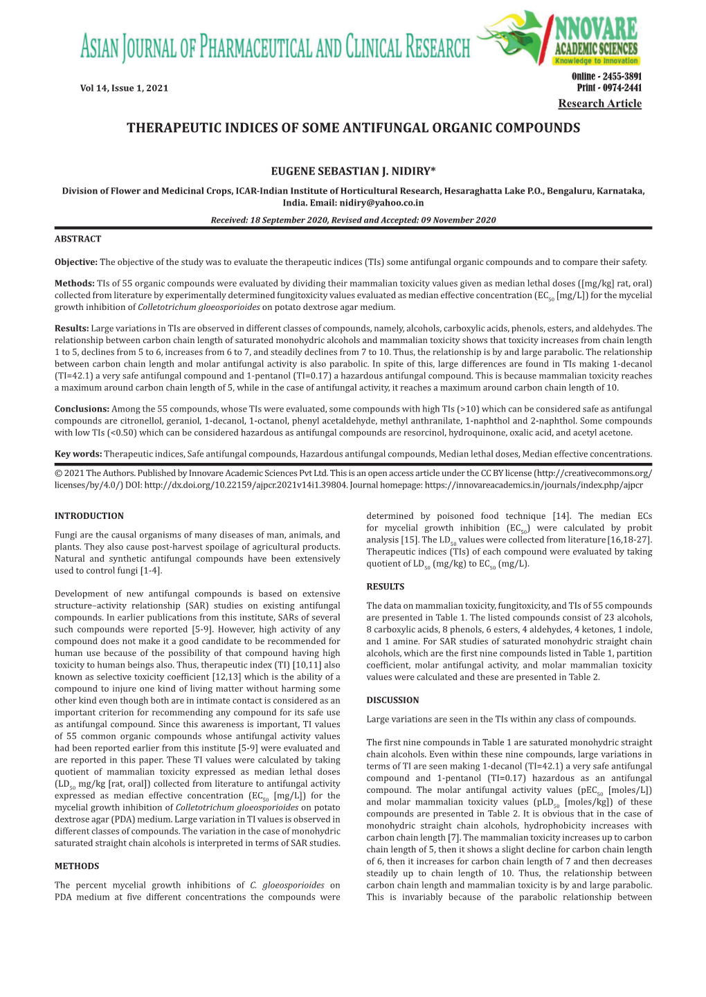 Therapeutic Indices of Some Antifungal Organic Compounds