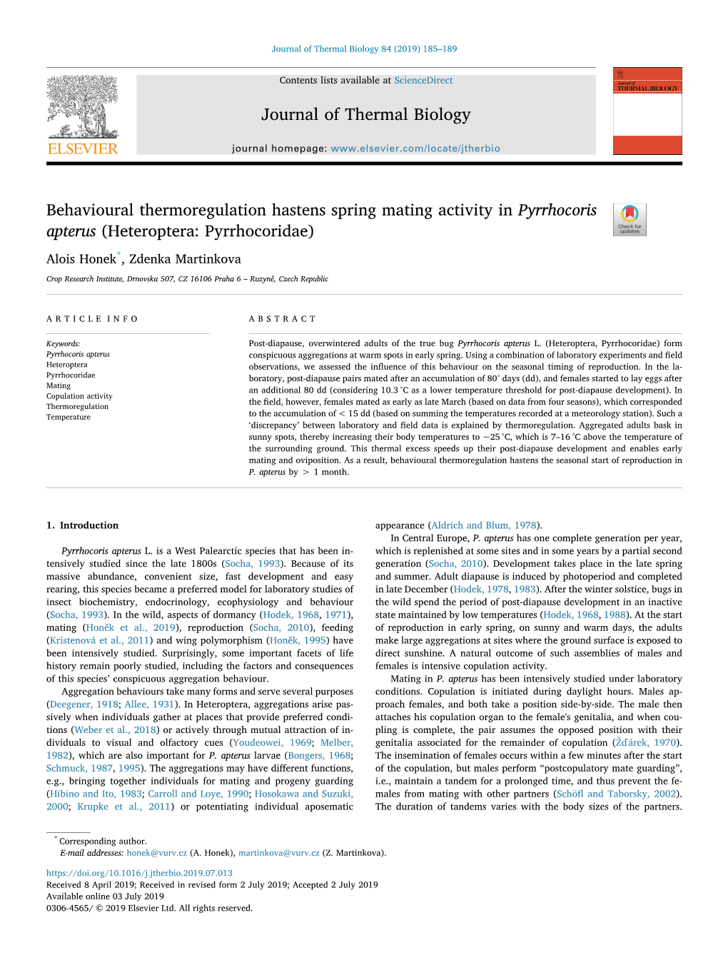 Behavioural Thermoregulation Hastens Spring Mating Activity in Pyrrhocoris Apterus (Heteroptera: Pyrrhocoridae) T