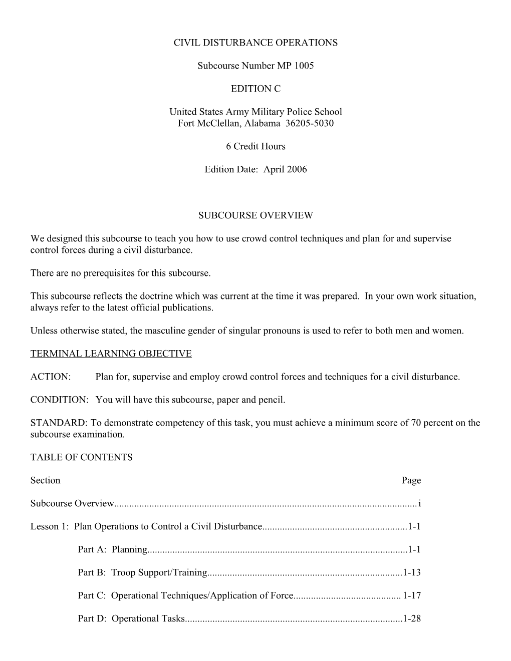 CIVIL DISTURBANCE OPERATIONS Subcourse Number MP 1005