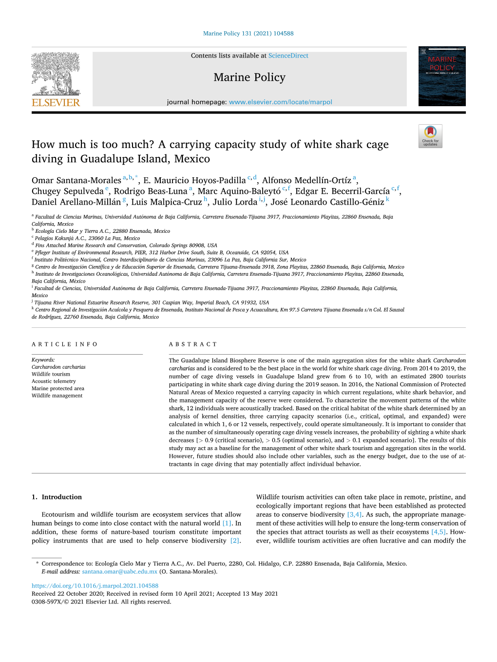 A Carrying Capacity Study of White Shark Cage Diving in Guadalupe Island, Mexico