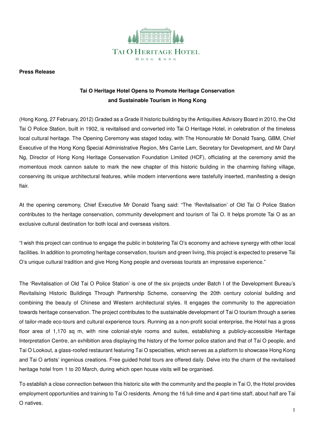 1 Press Release Tai O Heritage Hotel Opens to Promote Heritage