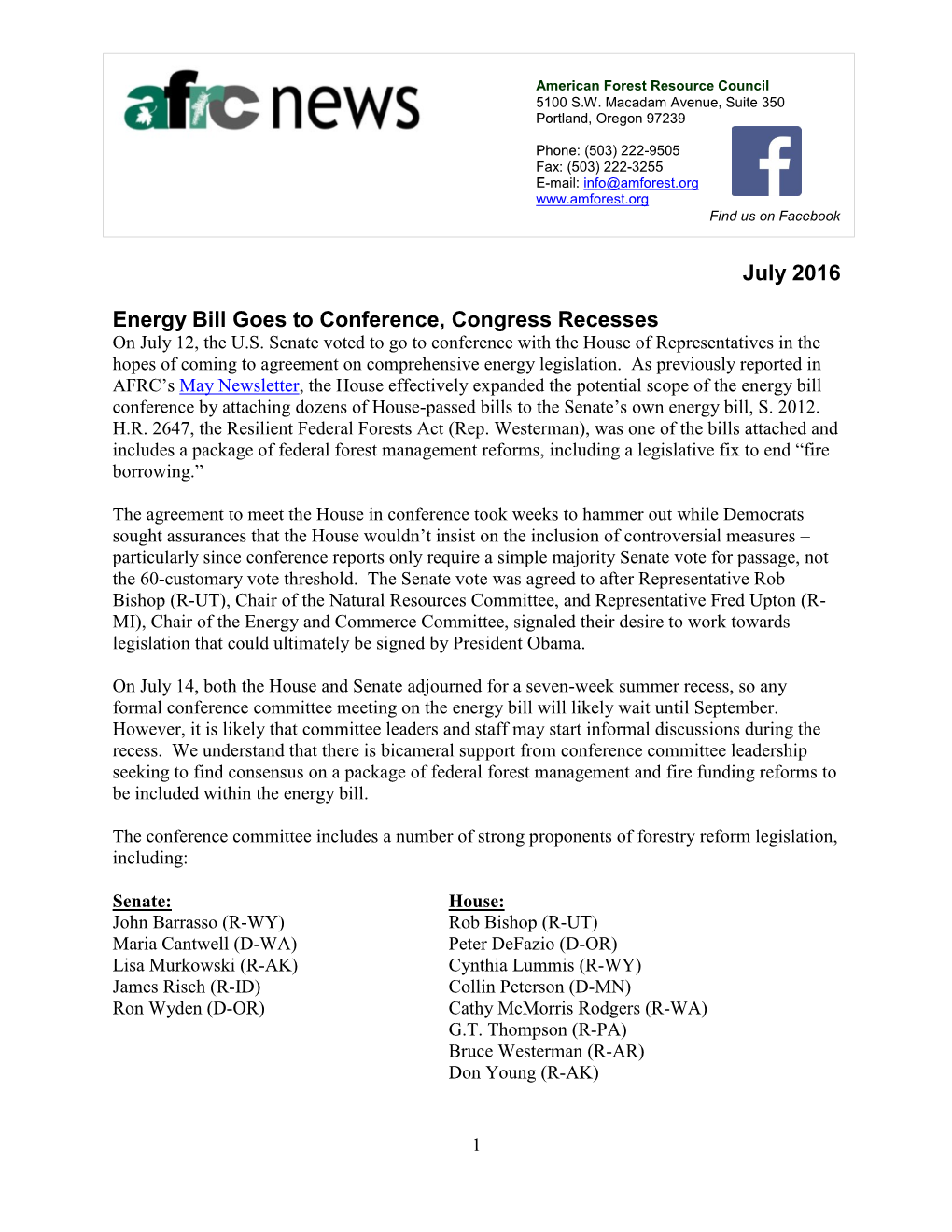 July 2016 Energy Bill Goes to Conference, Congress Recesses