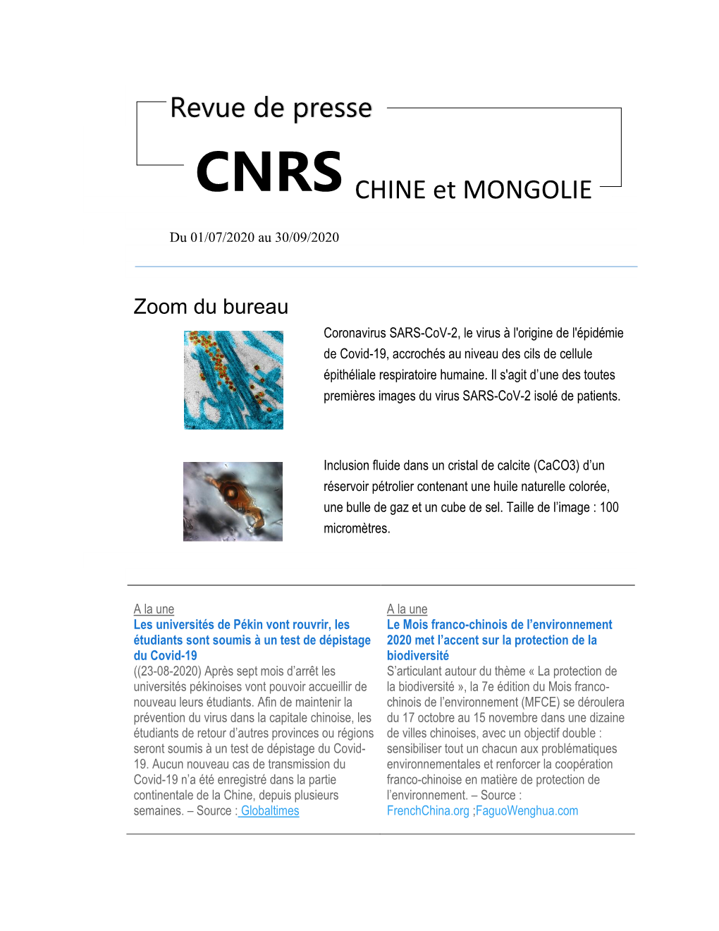 Revue De Presse CNRS CHINE Et MONGOLIE
