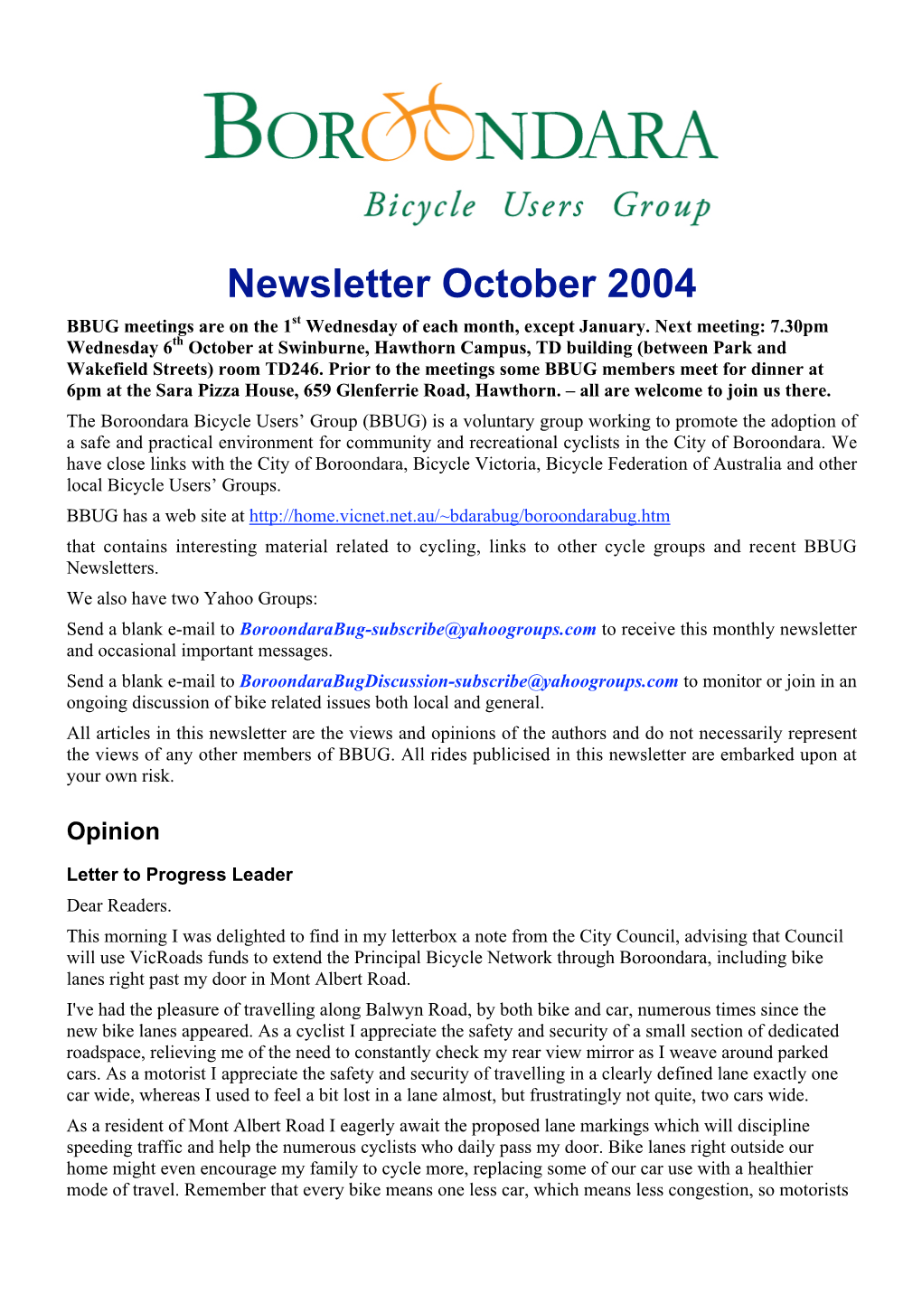 Newsletter October 2004 BBUG Meetings Are on the 1St Wednesday of Each Month, Except January