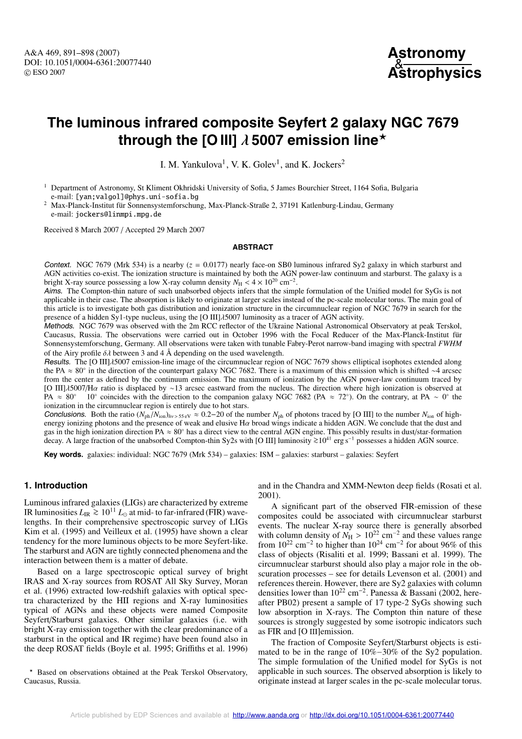 The Luminous Infrared Composite Seyfert 2 Galaxy NGC 7679 Through the [O III] Λ 5007 Emission Line