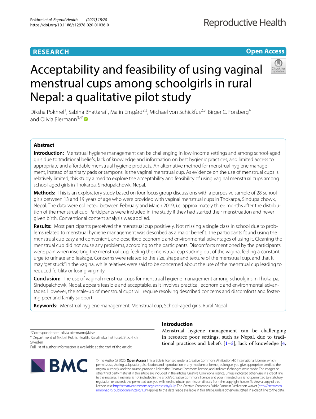 Acceptability and Feasibility of Using Vaginal Menstrual Cups Among