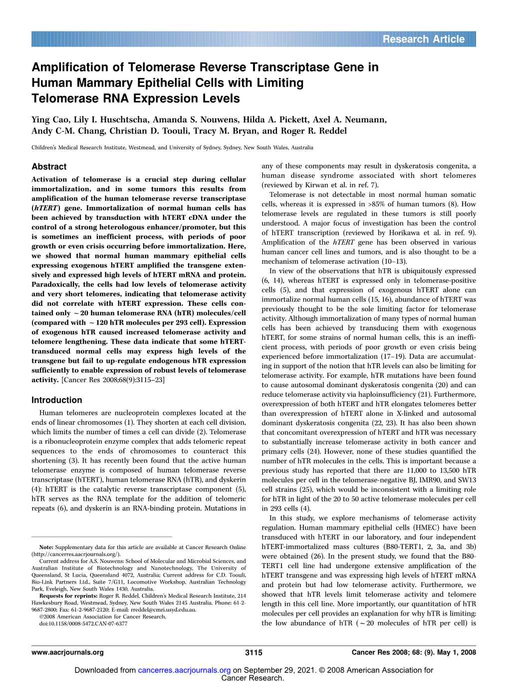 Amplification of Telomerase Reverse Transcriptase Gene in Human Mammary Epithelial Cells with Limiting Telomerase RNA Expression Levels