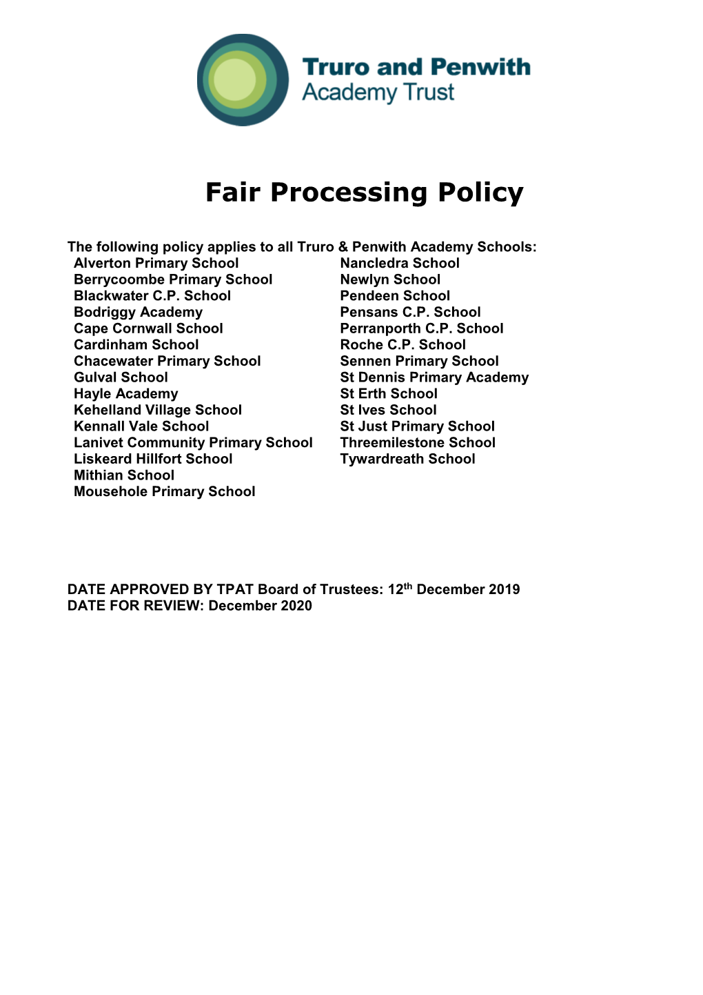 Fair Processing Policy