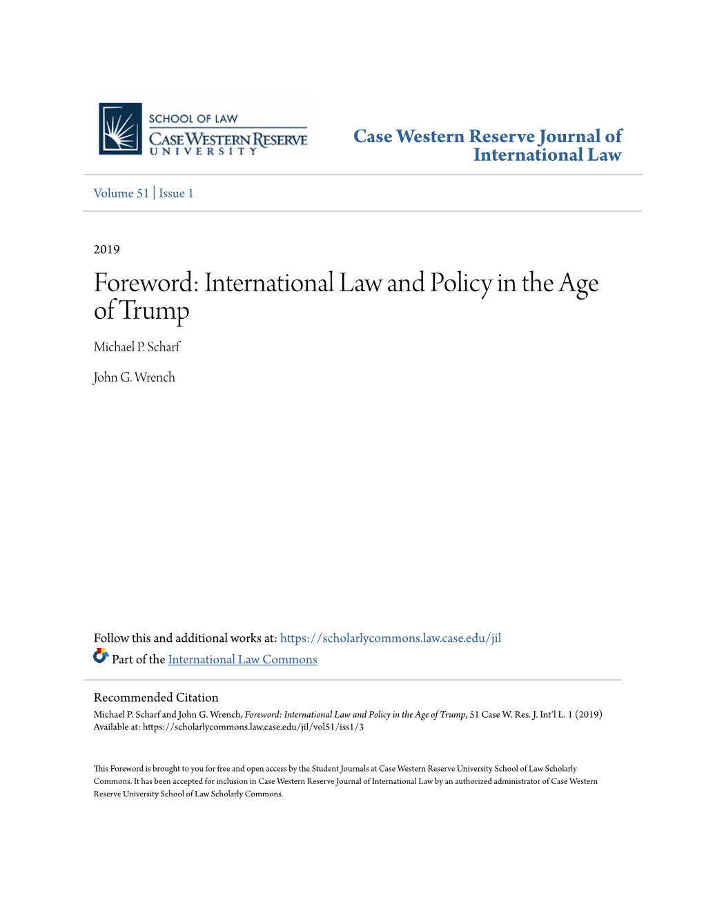 Foreword: International Law and Policy in the Age of Trump Michael P