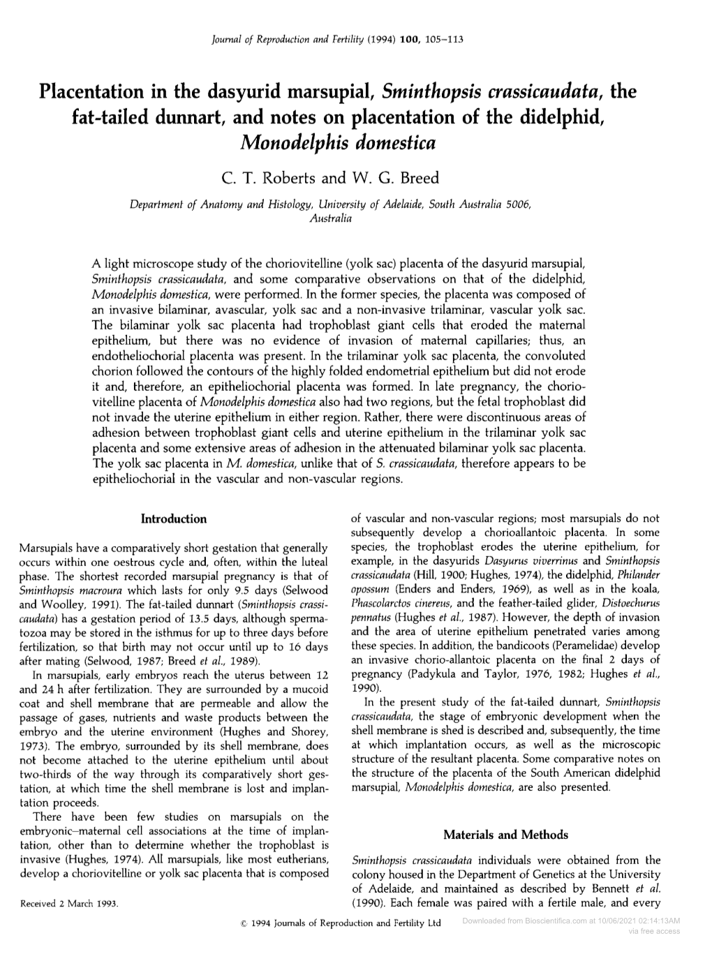 Placentation in the Dasyurid Marsupial, Sminthopsis Crassicaudata, the Fat-Tailed Dunnart, and Notes on Placentation of the Didelphid, Monodelphis Domestica C