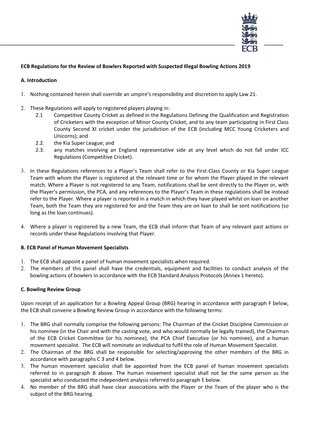 ECB Regulations for the Review of Bowlers Reported with Suspected Illegal Bowling Actions 2019 A. Introduction 1. Nothing Conta