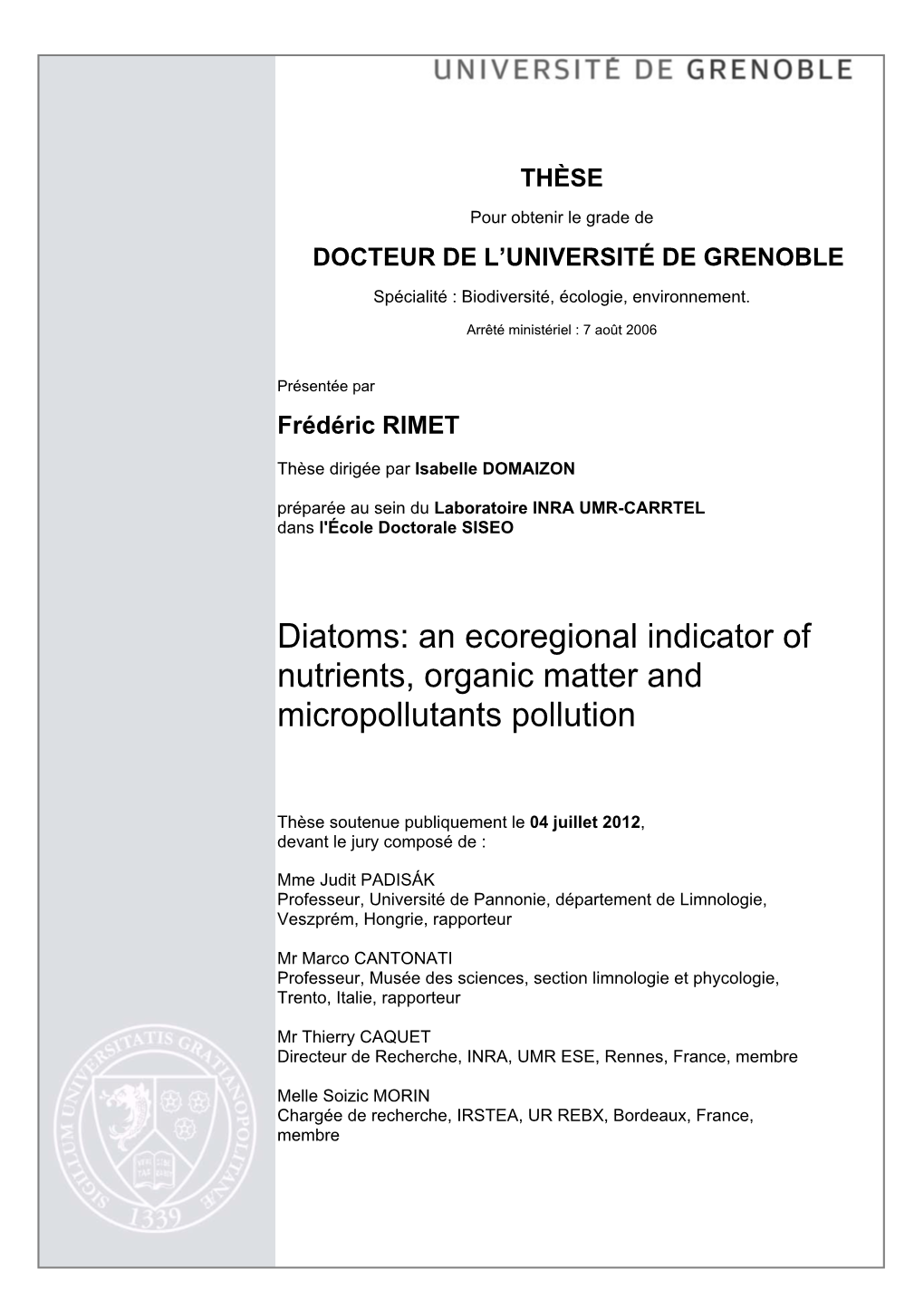 Diatoms: an Ecoregional Indicator of Nutrients, Organic Matter and Micropollutants Pollution