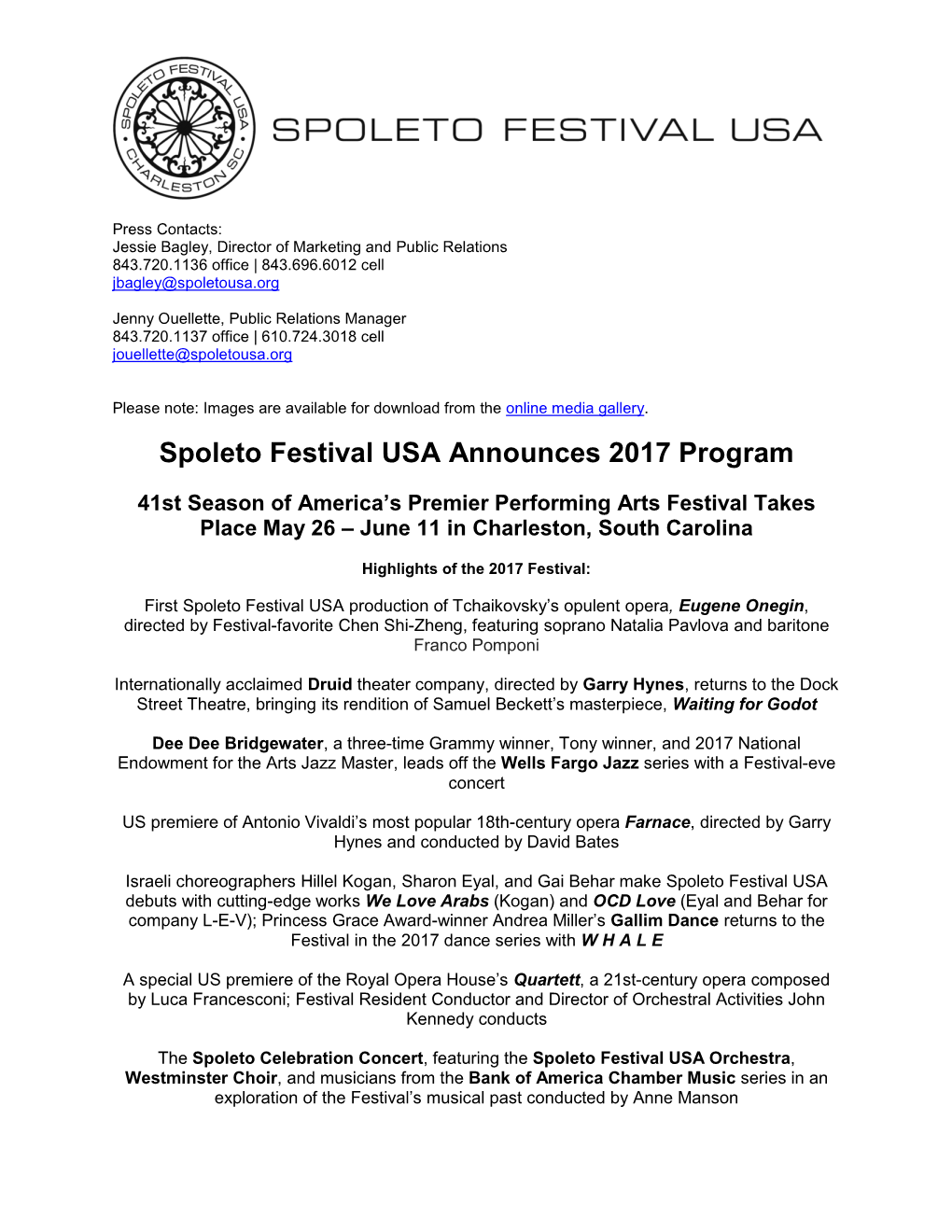 Spoleto Festival USA Announces 2017 Program