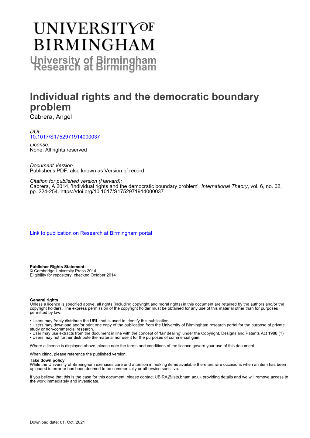 University of Birmingham Individual Rights and the Democratic Boundary