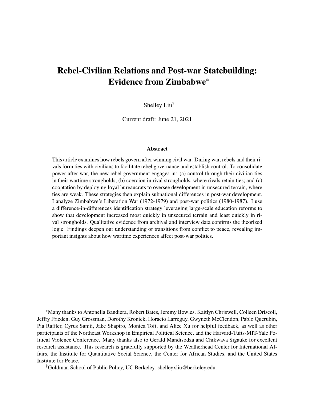 Rebel-Civilian Relations and Post-War Statebuilding: Evidence from Zimbabwe*