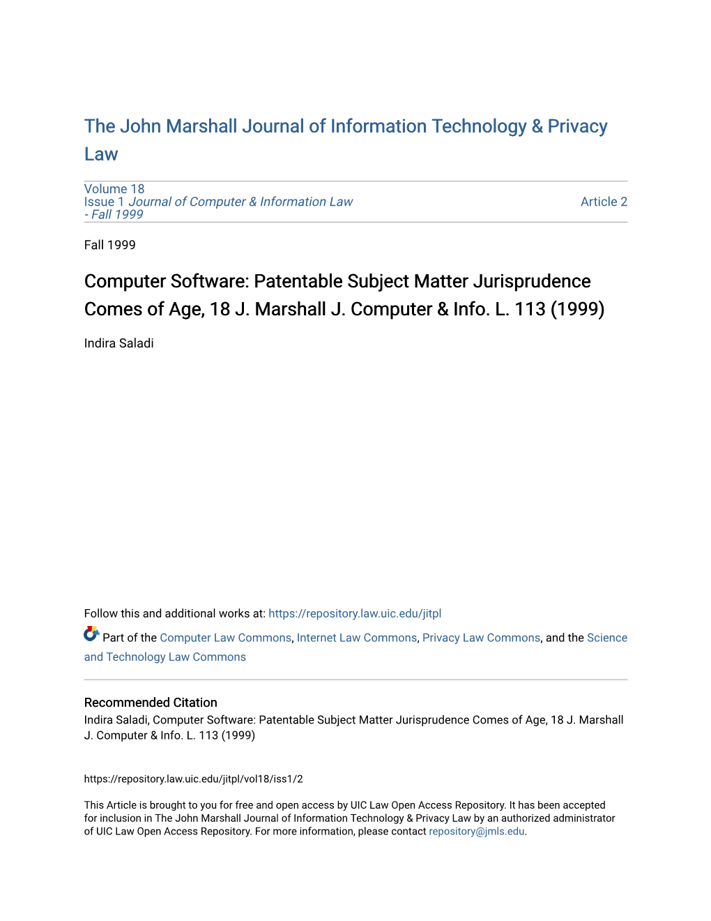 Computer Software: Patentable Subject Matter Jurisprudence Comes of Age, 18 J