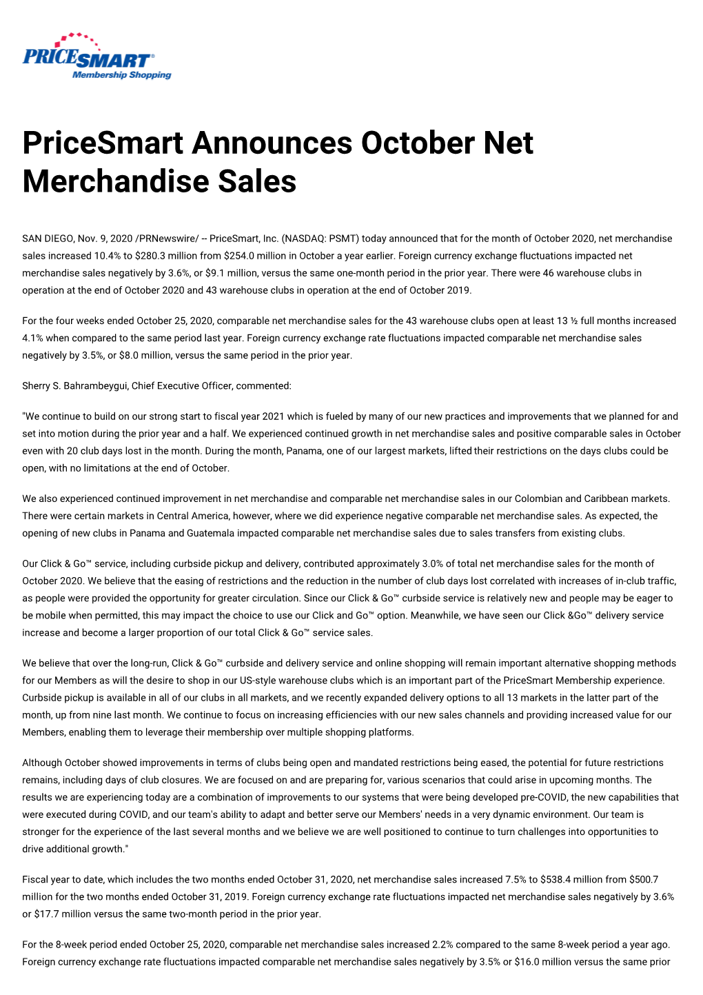 Pricesmart Announces October Net Merchandise Sales