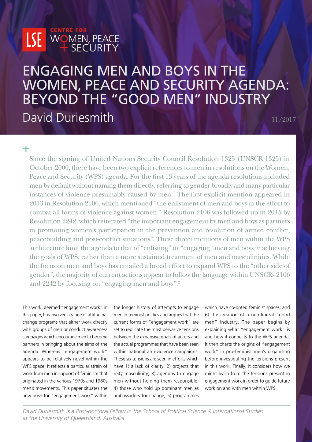 Engaging Men and Boys in the Women, Peace and Security Agenda: Beyond the “Good Men” Industry