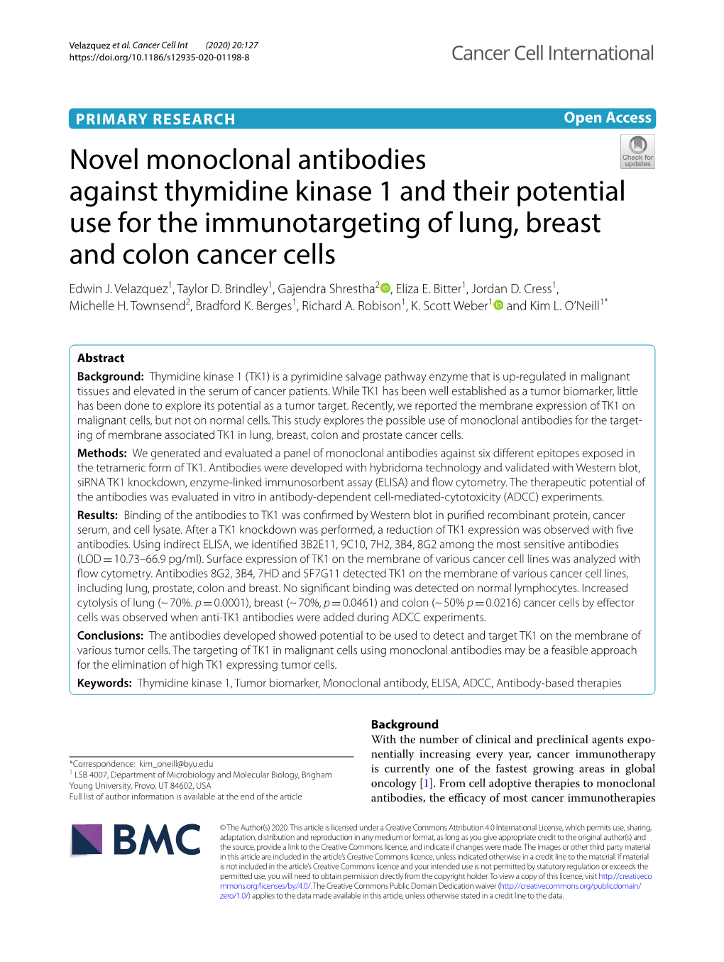 Novel Monoclonal Antibodies Against Thymidine Kinase 1 and Their Potential Use for the Immunotargeting of Lung, Breast and Colon Cancer Cells Edwin J