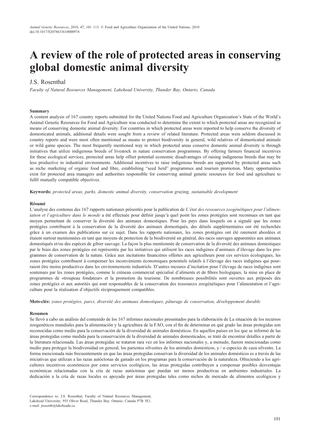 A Review of the Role of Protected Areas in Conserving Global Domestic Animal Diversity J.S