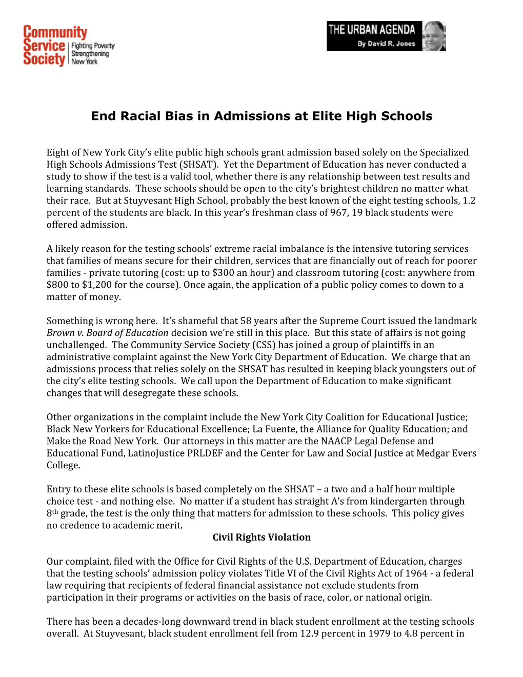 End Racial Bias in Admissions at Elite High Schools