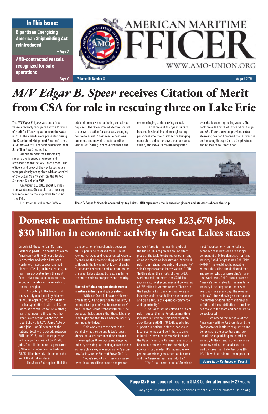 M/V Edgar B. Speer Receives Citation of Merit from CSA for Role in Rescuing Three on Lake Erie