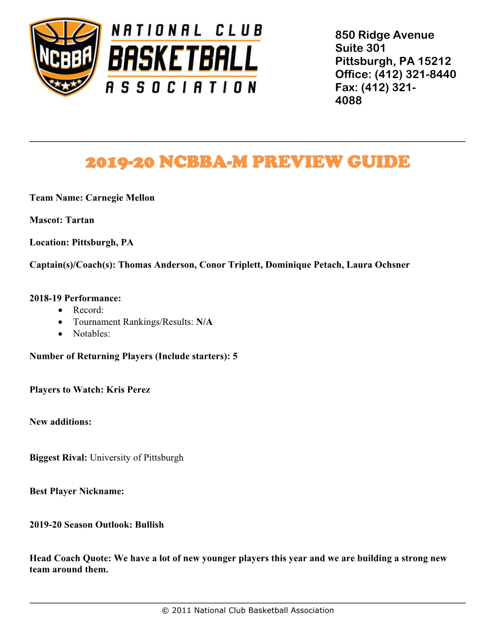 2019-20 Ncbba-M Preview Guide