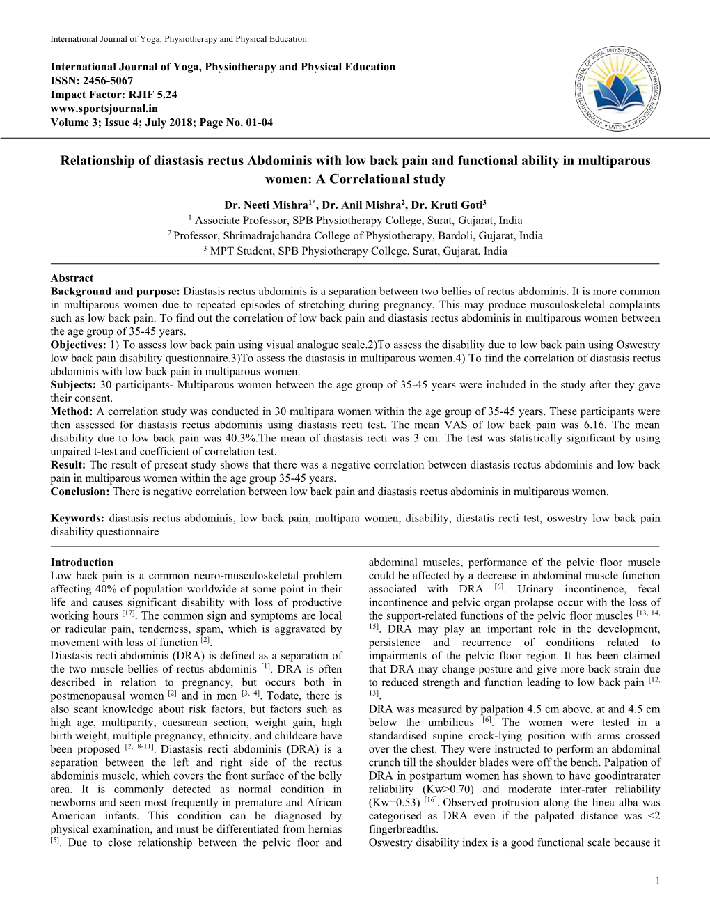 Relationship of Diastasis Rectus Abdominis with Low Back Pain and Functional Ability in Multiparous Women: a Correlational Study