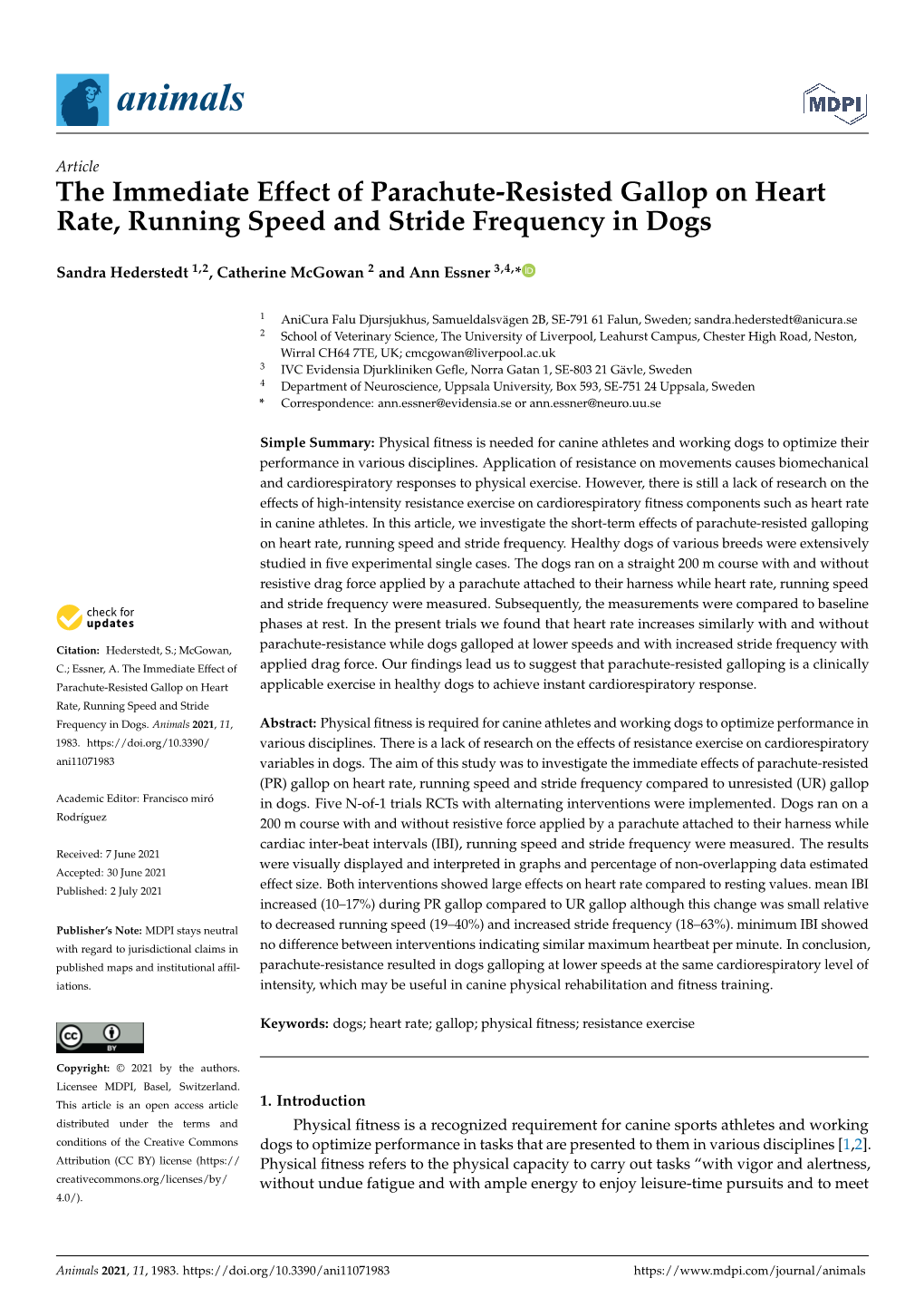 The Immediate Effect of Parachute-Resisted Gallop on Heart Rate, Running Speed and Stride Frequency in Dogs