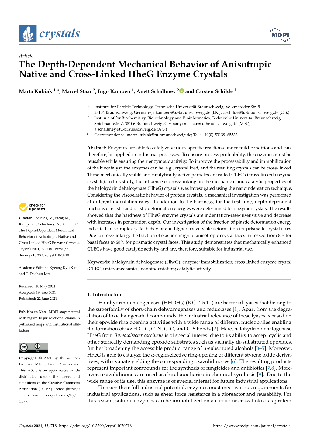 The Depth-Dependent Mechanical Behavior of Anisotropic Native and Cross-Linked Hheg Enzyme Crystals