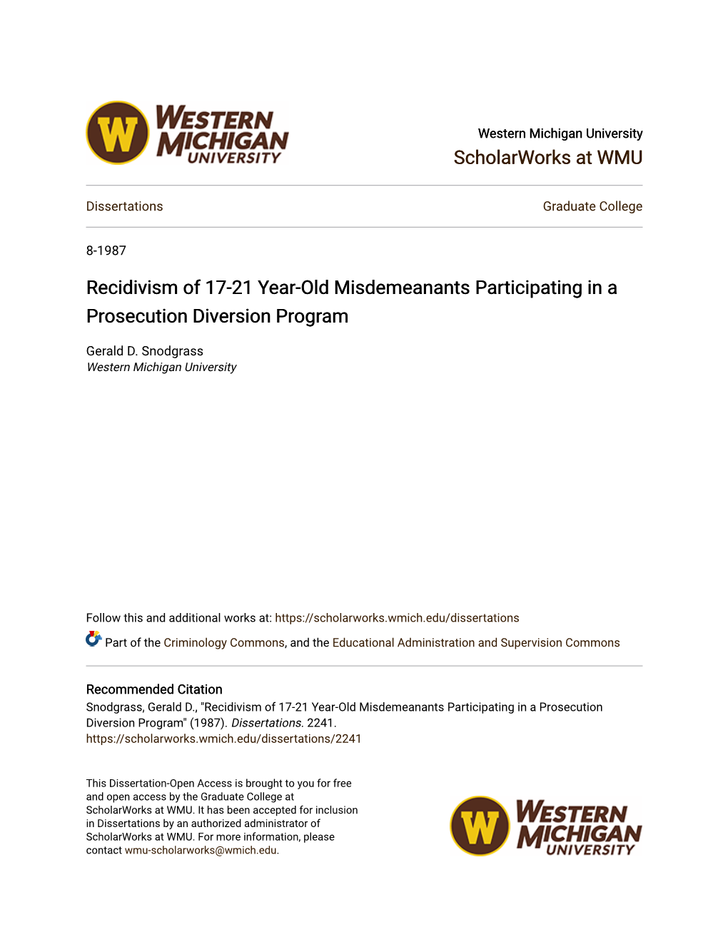 Recidivism of 17-21 Year-Old Misdemeanants Participating in a Prosecution Diversion Program