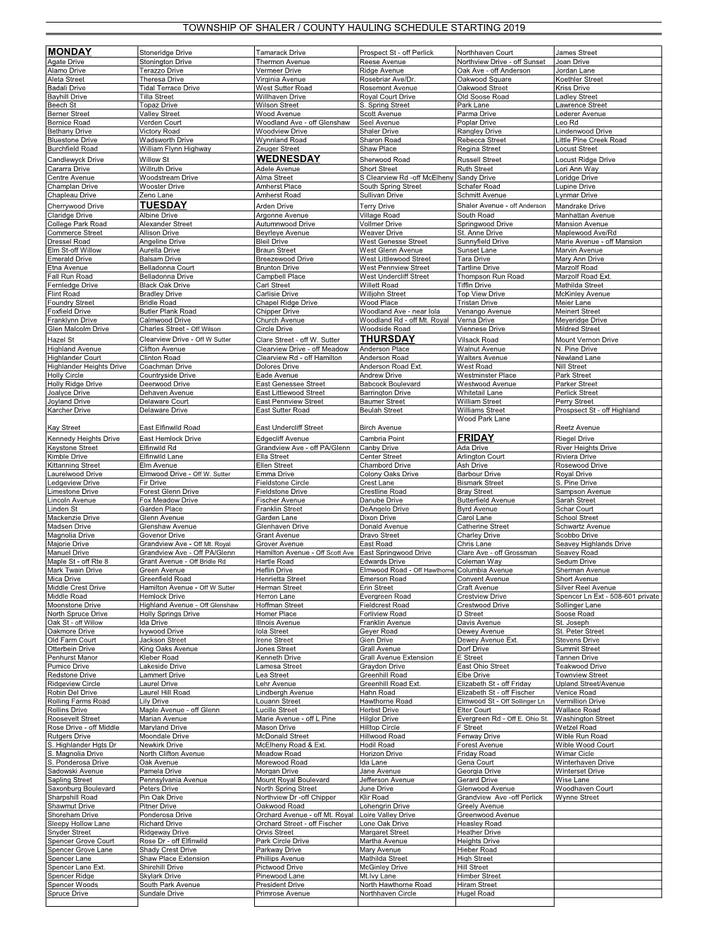 Township of Shaler / County Hauling Schedule Starting 2019