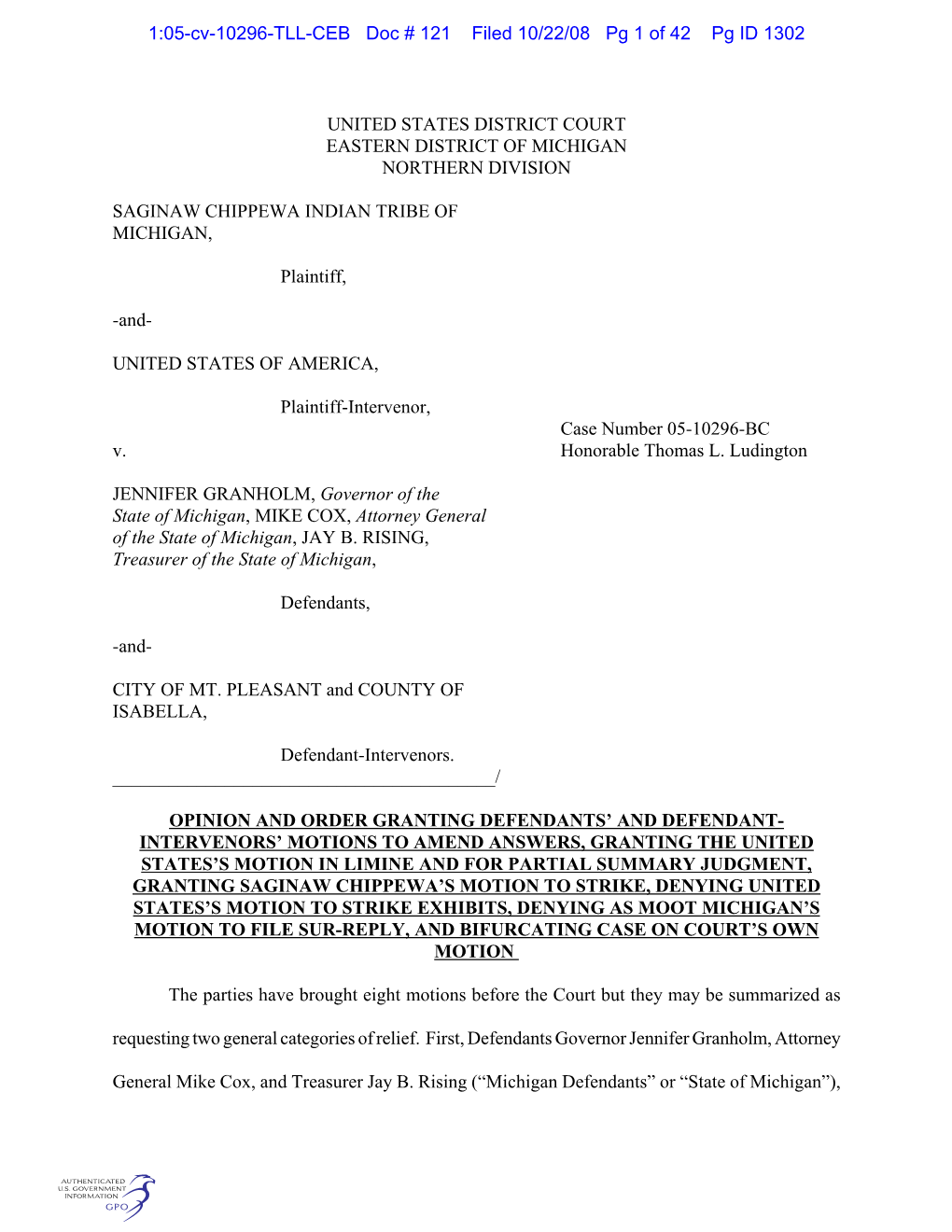 1:05-Cv-10296-TLL-CEB Doc # 121 Filed 10/22/08 Pg 1 of 42 Pg ID 1302