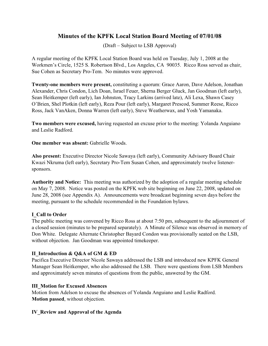 Minutes of the KPFK Local Station Board Meeting of 07/01/08 (Draft – Subject to LSB Approval)
