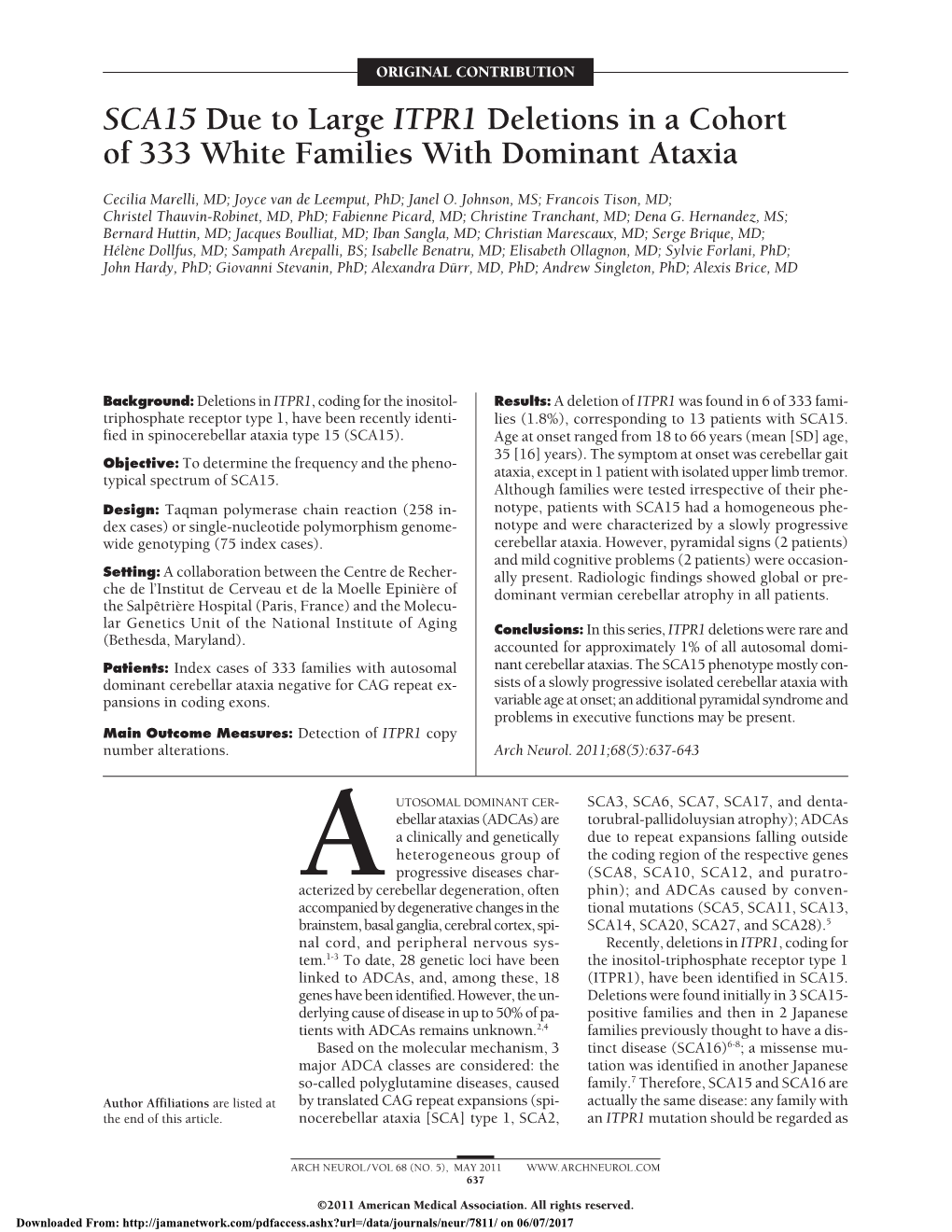 SCA15 Due to Large ITPR1 Deletions in a Cohort of 333 White Families with Dominant Ataxia