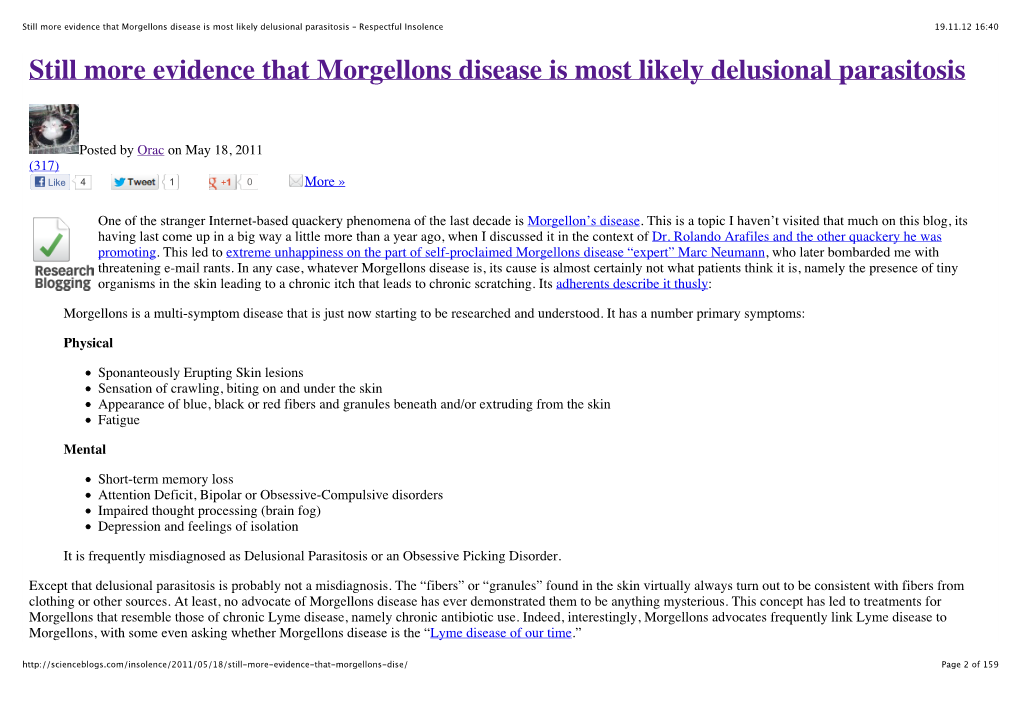 Still More Evidence That Morgellons Disease Is Most Likely Delusional