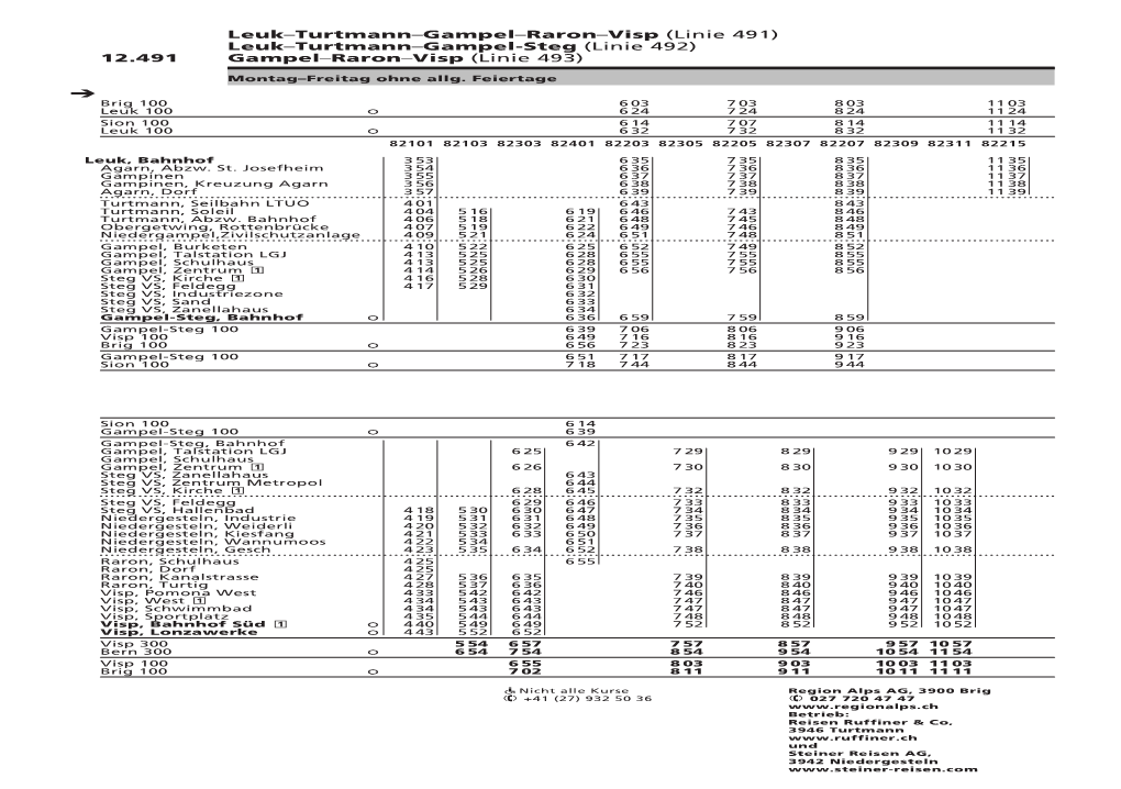 Leuk–Turtmann–Gampel-Steg (Linie 492) 12.491 Gampel–Raron–Visp (Linie 493) 719 12.491 Montag–Freitagleuk–Turtmann Ohne– Gampelallg