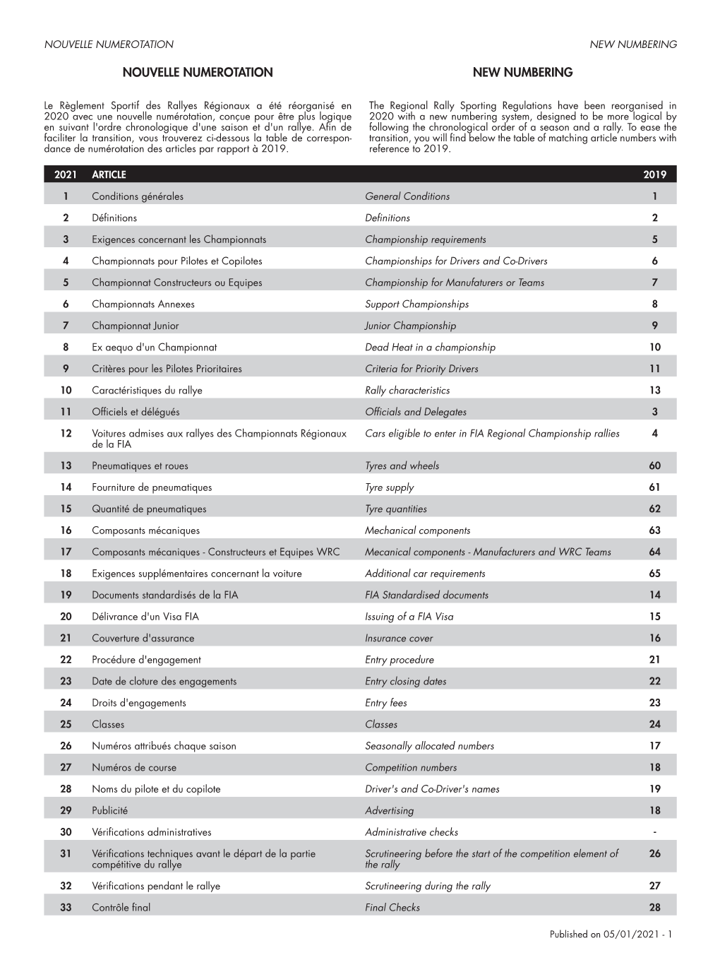 NOUVELLE NUMEROTATION New Numbering