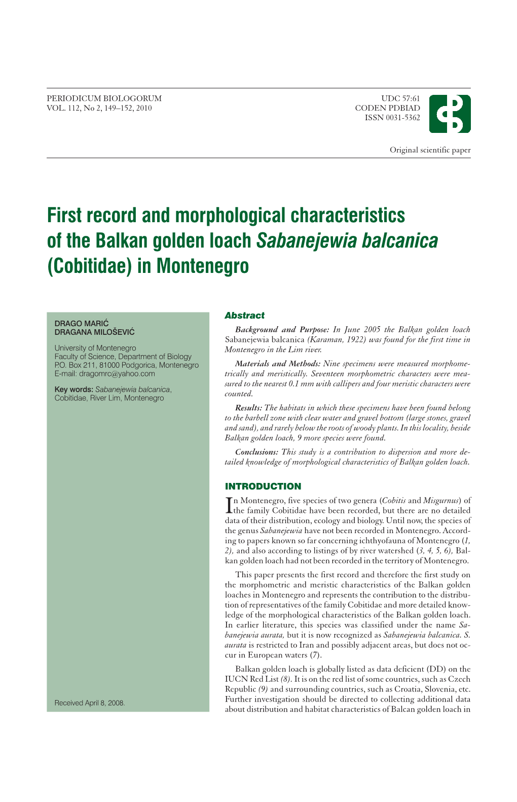 First Record and Morphological Characteristics of the Balkan Golden Loach Sabanejewia Balcanica (Cobitidae) in Montenegro