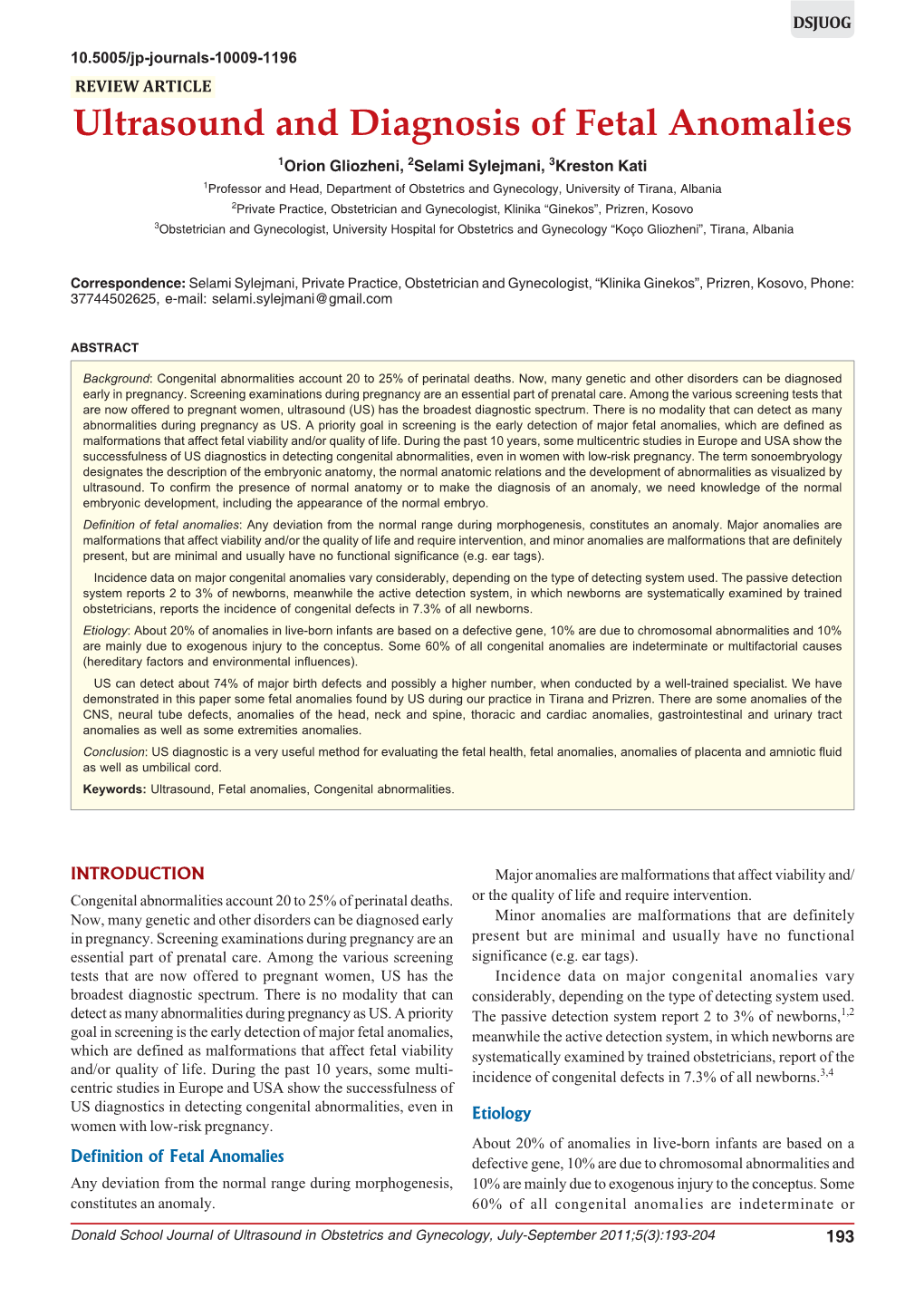 Ultrasound and Diagnosis of Fetal Anomalies