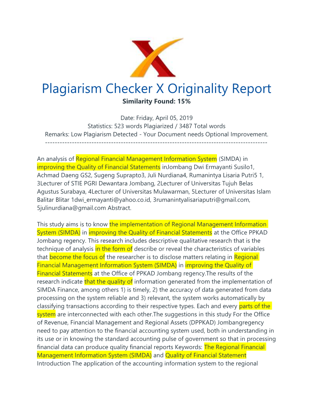 Plagiarism Checker X Originality Report Similarity Found: 15%
