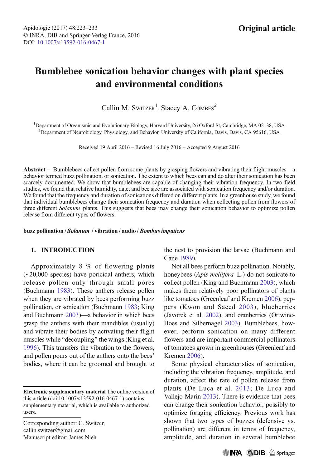 Bumblebee Sonication Behavior Changes with Plant Species and Environmental Conditions