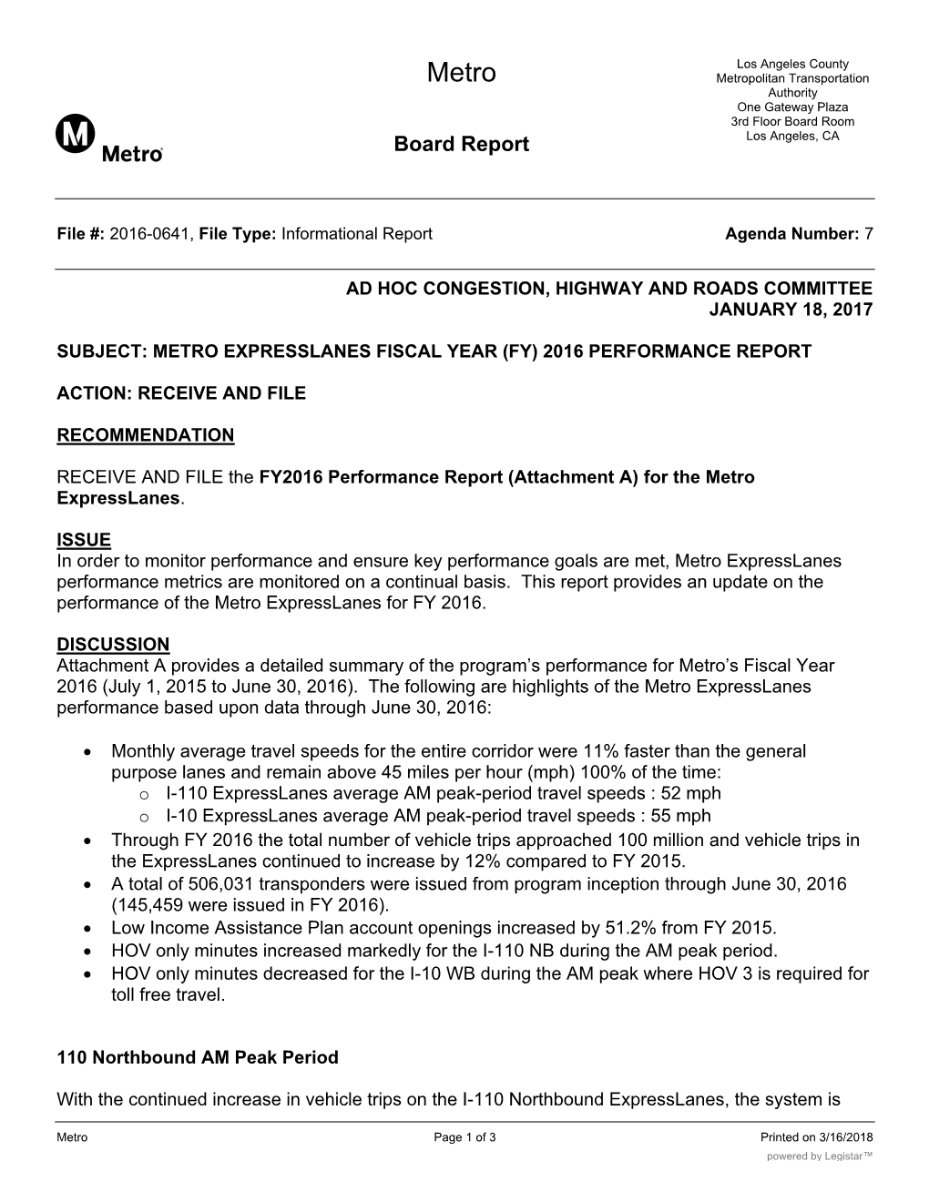 Expresslanes Fiscal Year (Fy) 2016 Performance Report