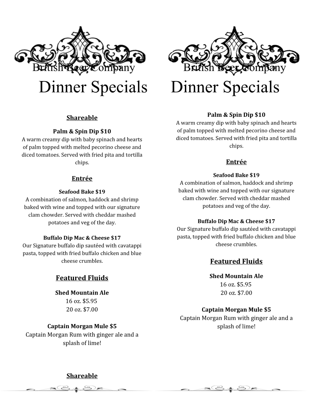 British Beer Company British Beer Company Dinner Specials Dinner Specials s1