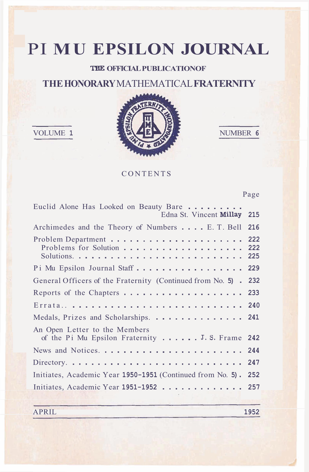 Pi Mu Epsilon Journal Tee Official Publicationof the Honorary Mathematical Fraternity