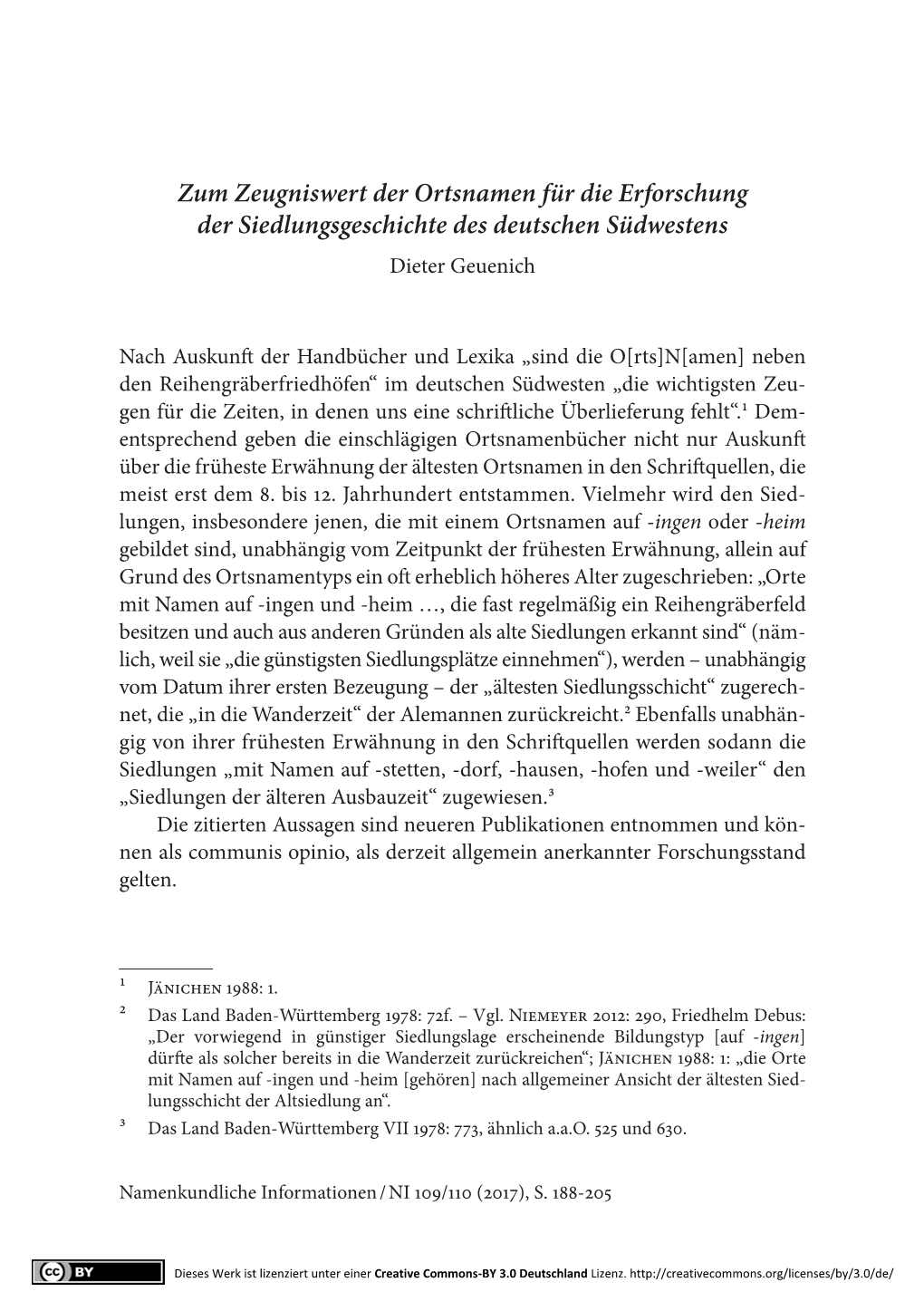 Zum Zeugniswert Der Ortsnamen Für Die Erforschung Der Siedlungsgeschichte Des Deutschen Südwestens Dieter Geuenich